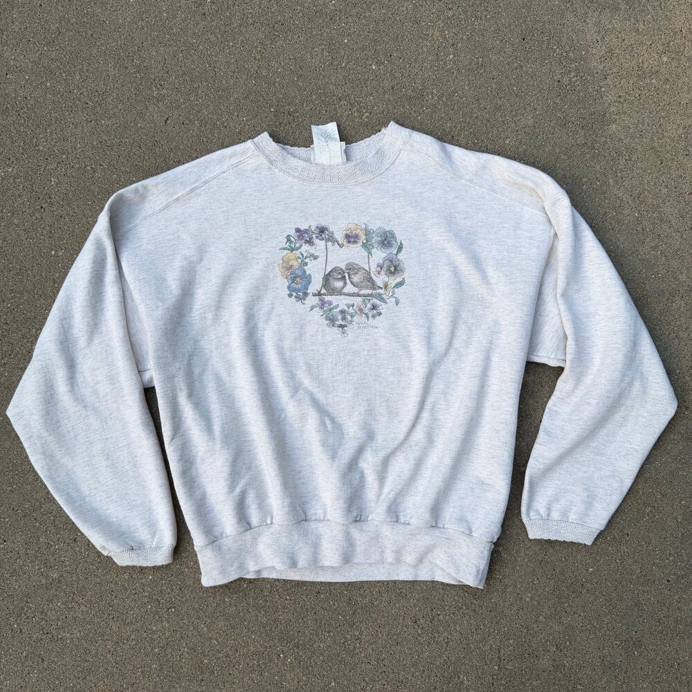 Vintage 90s Two Turtle Doves Pansy Flower Heart Granny Crewneck Sweatshirt LARGE